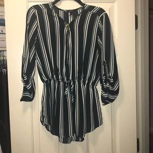 Hunter green and white stripe blouse